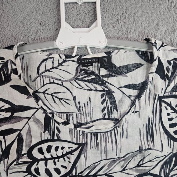 Tahari Top Blouse Women‎ Size 1X 100% Linen Short Sleeve Leaf Print White Black - Picture 3 of 11